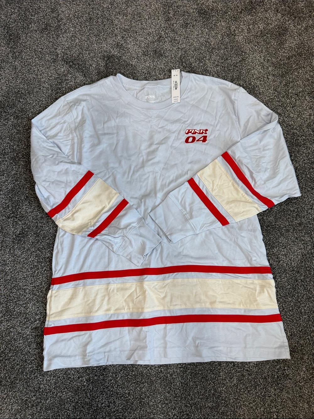 PINK Victoria's Secret White Long Sleeve Tee with Red Stripe Accents